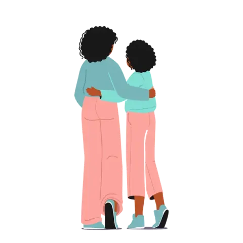 backs of parent and kid 