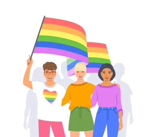 three people waving flag